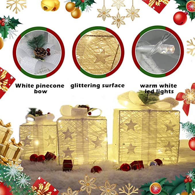 Set of 3 Pre-lit White Christmas Box Decorations Indoor, Battery Operated 