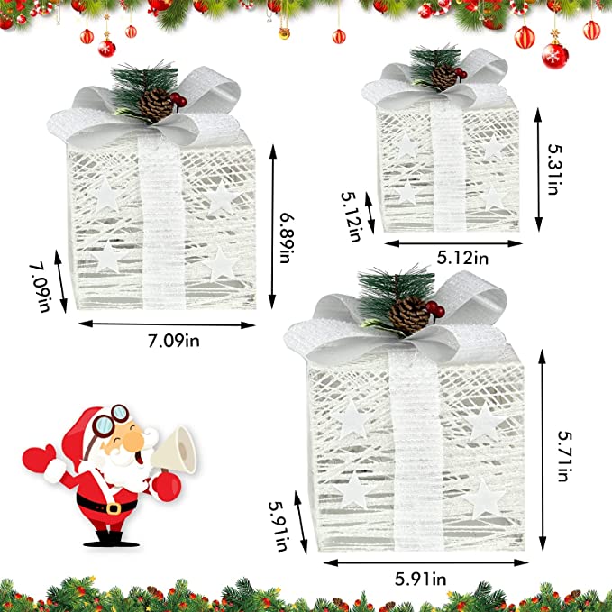Set of 3 Pre-lit White Christmas Box Decorations Indoor, Battery Operated 